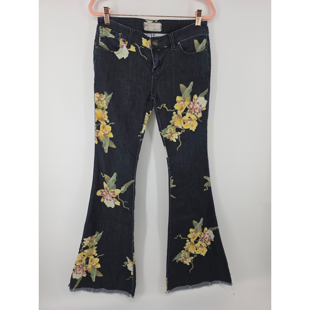 Free People Floral Flare Jeans Dark Wash Yellow Orchid Bell Bottoms Size 26